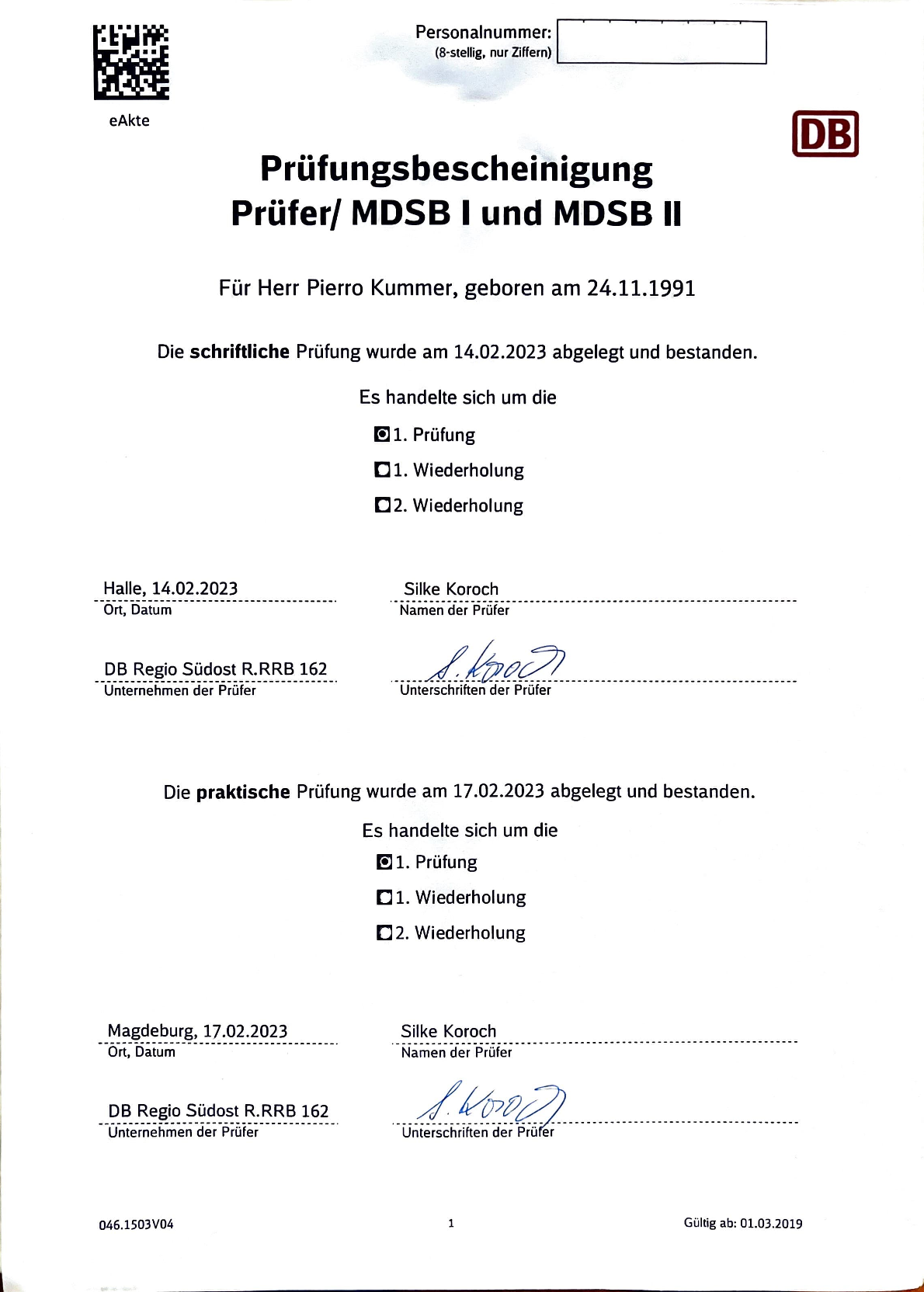 Zertifikat Prüfer/ MDSB I und MDSB II